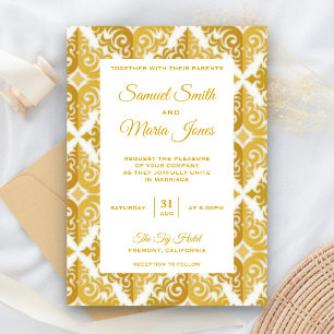 Elegante witte gouden damasten trouwuitnodiging kaart