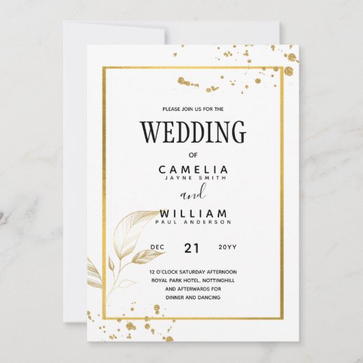 Elegante witte & gouden foto-huwelijksuitnodiging kaart (Voorkant)