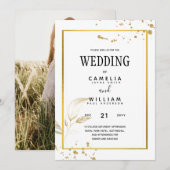 Elegante witte & gouden foto-huwelijksuitnodiging kaart (Voorkant / Achterkant)