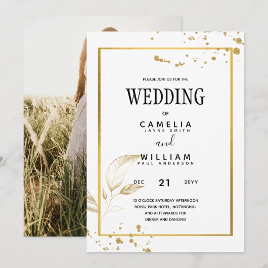 Elegante witte & gouden foto-huwelijksuitnodiging kaart (Voorkant / Achterkant)