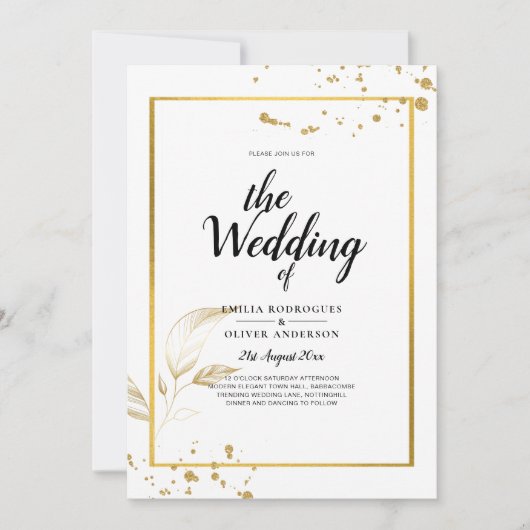 Elegante witte & gouden foto-huwelijksuitnodiging kaart (Voorkant)