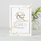 Elegante witte & gouden foto-huwelijksuitnodiging kaart (Staand voorkant)