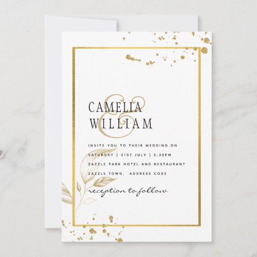 Elegante witte & gouden foto-huwelijksuitnodiging kaart (Voorkant)