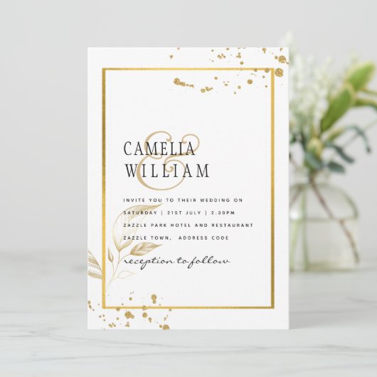 Elegante witte & gouden foto-huwelijksuitnodiging kaart (Staand voorkant)