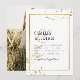 Elegante witte & gouden foto-huwelijksuitnodiging kaart