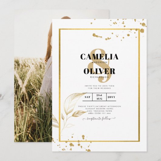 Elegante witte & gouden foto trouwkaart kaart (Voorkant / Achterkant)