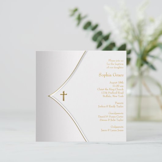 Elegante witte gouden kruis doop kaart (Staand voorkant)