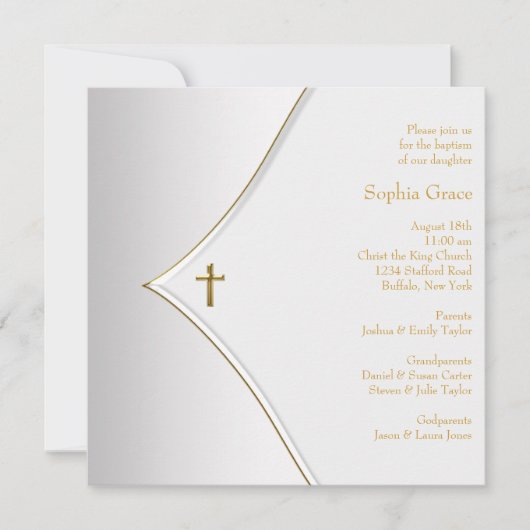 Elegante witte gouden kruisdoop kaart (Voorkant)