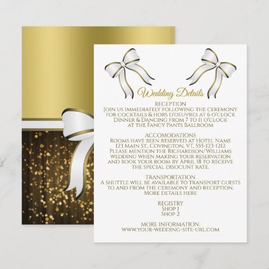 Elegante witte & gouden lint bruiloft details informatiekaartje (Voorkant / Achterkant)