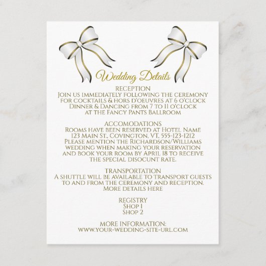 Elegante witte & gouden lint bruiloft details informatiekaartje (Voorkant)