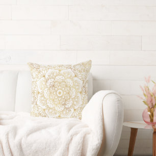 Elegante Witte Gouden Mandala Bloem Kussen