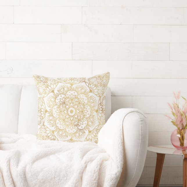 Elegante Witte Gouden Mandala Bloem Kussen (Bank)