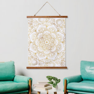 Elegante Witte Gouden Mandala Bloemstuk Hangend Wandkleed