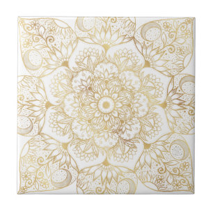 Elegante Witte Gouden Mandala Bloemstuk Tegeltje
