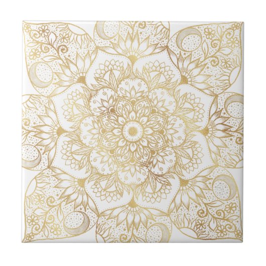 Elegante Witte Gouden Mandala Bloemstuk Tegeltje (Voorkant)