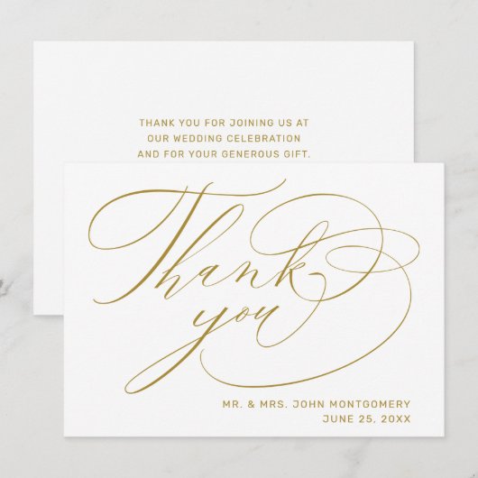 Elegante witte gouden moderne script bruiloft bedankkaart (Voorkant / Achterkant)