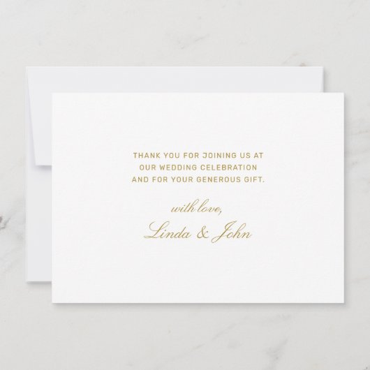Elegante witte gouden moderne script bruiloft bedankkaart (Achterkant)