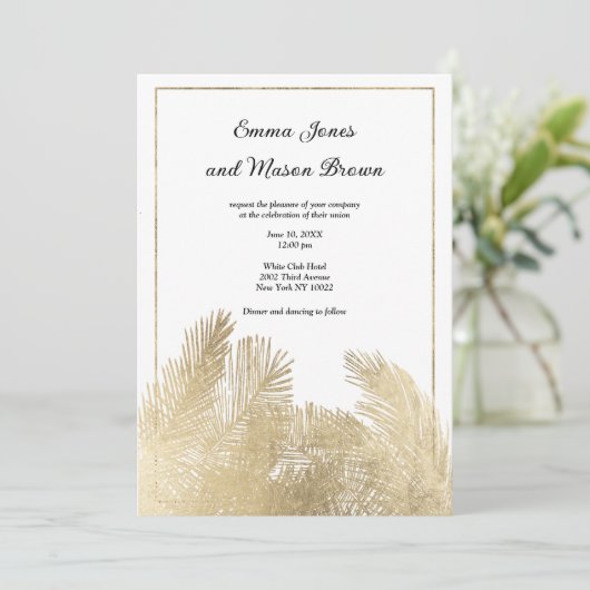 Elegante witte gouden palmboom tropische bruiloft kaart (Staand voorkant)