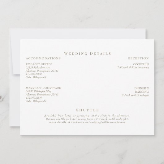 Elegante witte & gouden tekst bruiloft details kaart (Voorkant)