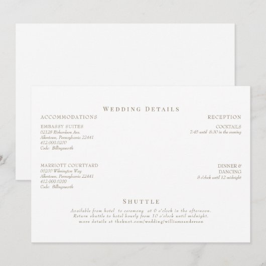 Elegante witte & gouden tekst bruiloft details kaart (Voorkant / Achterkant)