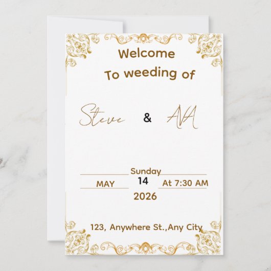 Elegante witte & gouden trouwuitnodiging kaart (Voorkant)