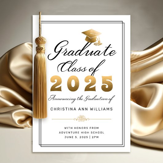 Elegante witte gouden zwarte script 2025 afstudeer aankondiging