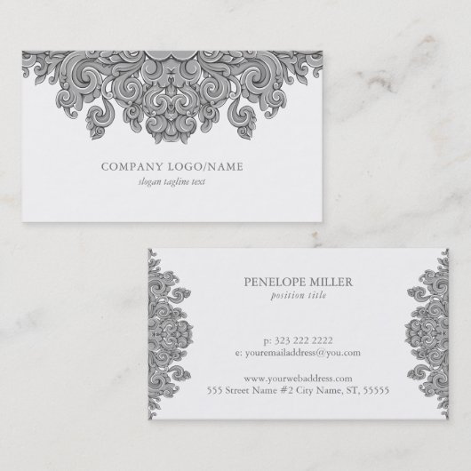 Elegante witte & grijze  bloemenwerveling visitekaartje (Voorkant / Achterkant)