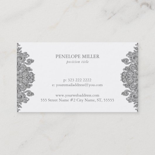 Elegante witte & grijze  bloemenwerveling visitekaartje (Achterkant)