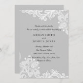 Elegante witte grijze kant bruiloft uitnodiging (Voorkant / Achterkant)