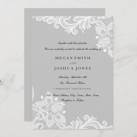 Elegante witte grijze kant bruiloft uitnodiging (Voorkant / Achterkant)