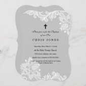 Elegante Witte Grijze Kant doop uitnodiging (Voorkant / Achterkant)
