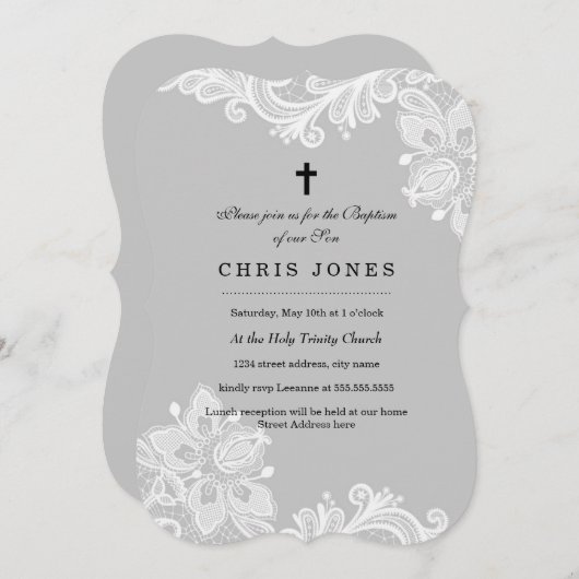 Elegante Witte Grijze Kant doop uitnodiging (Voorkant / Achterkant)