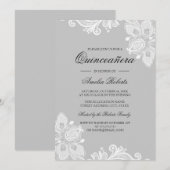 Elegante witte grijze kant quinceanera uitnodiging (Voorkant / Achterkant)