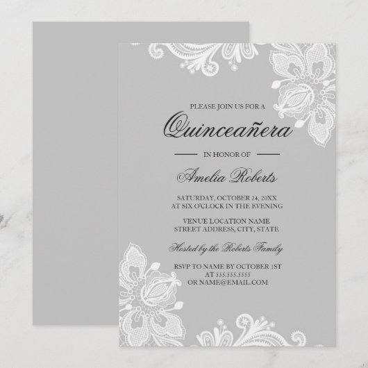 Elegante witte grijze kant quinceanera uitnodiging (Voorkant / Achterkant)