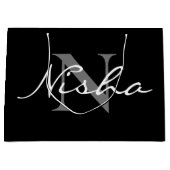 Elegante witte grijze monogramnaam zwart groot cadeauzakje (Voorkant)