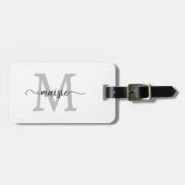 Elegante witte grijze zwarte monogram script naam bagagelabel (Voorkant horizontaal)