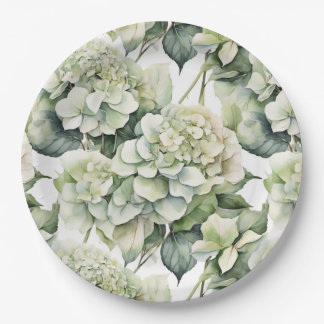 Elegante witte groene aquarel bloemige hortensia's papieren bordje