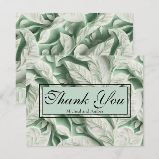Elegante  witte groene bladkalligrafie bedankkaart (Voorkant / Achterkant)