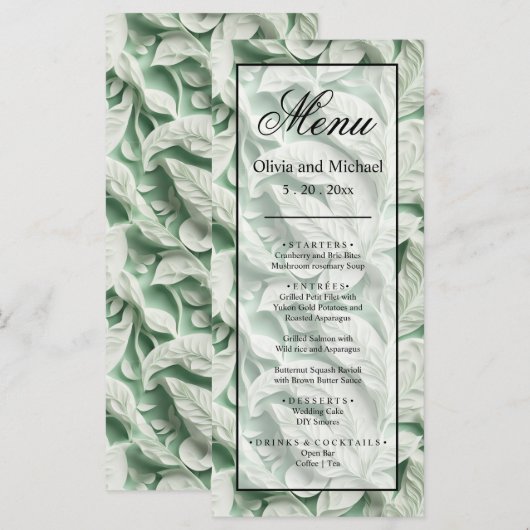Elegante  witte groene bladkalligrafie menu (Voorkant / Achterkant)