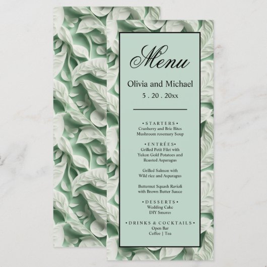 Elegante  witte groene bladkalligrafie menu (Voorkant / Achterkant)