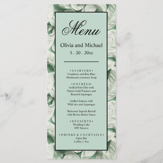 Elegante witte groene bladkalligrafie menu (Voorkant)