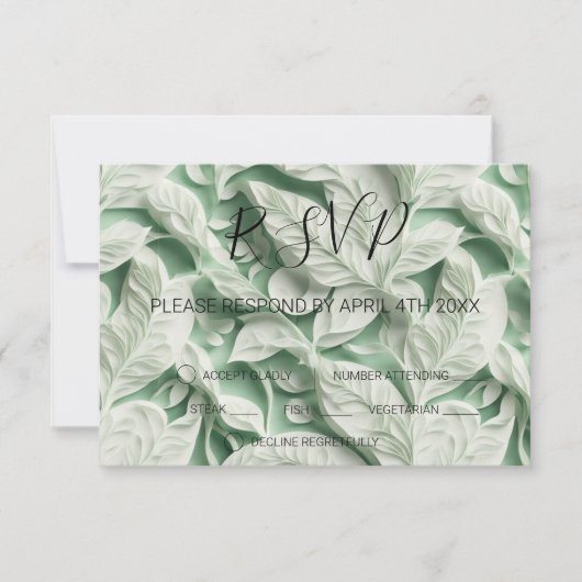 Elegante  witte groene bladkalligrafie RSVP kaartje (Voorkant)