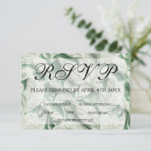 Elegante  witte groene bladkalligrafie RSVP kaartje (Staand voorkant)