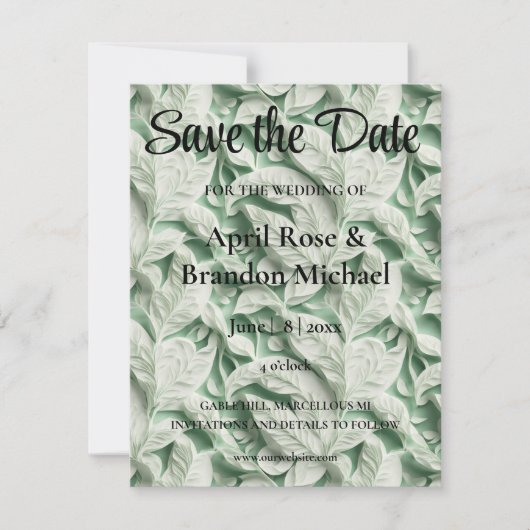 Elegante witte groene bladkalligrafie save the date (Voorkant)