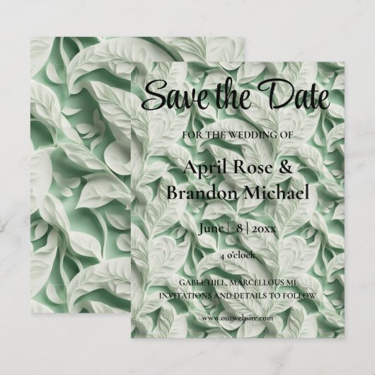 Elegante witte groene bladkalligrafie save the date (Voorkant / Achterkant)