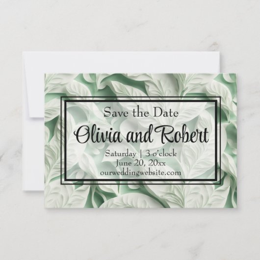 Elegante witte groene bladkalligrafie save the date (Voorkant)
