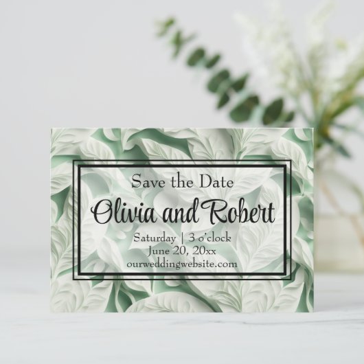 Elegante  witte groene bladkalligrafie save the date (Staand voorkant)