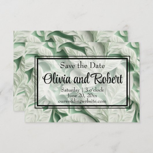 Elegante  witte groene bladkalligrafie save the date (Voorkant / Achterkant)