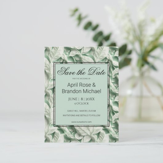 Elegante  witte groene bladkalligrafie save the date (Staand voorkant)