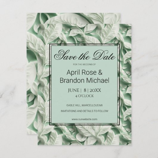 Elegante witte groene bladkalligrafie save the date (Voorkant / Achterkant)